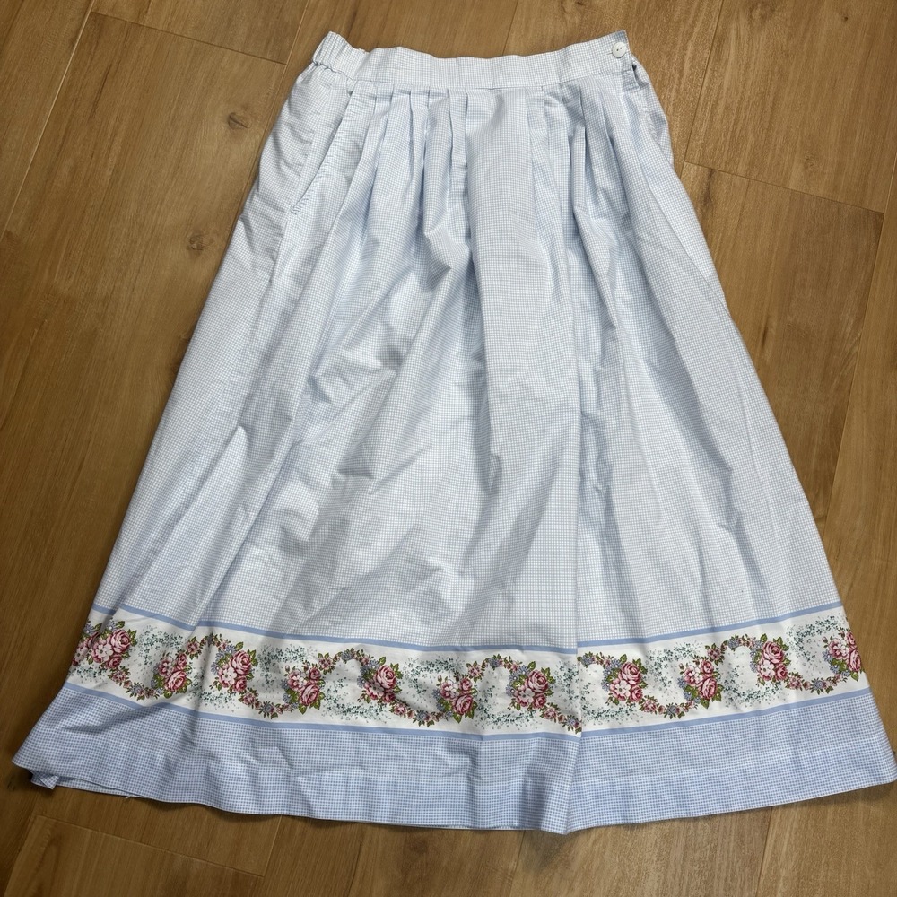 VTG Bechamel Size 10 Skirt Blue Checkered and Floral Cottagecore Pockets Japan